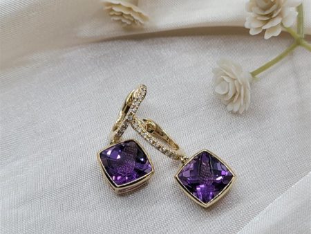 14K Yellow Gold Amethyst Gemstone And Diamond Dangle Earrings Cheap