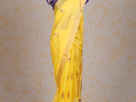 Handloom Cotton Silk Chanderi Saree Lemon Yellow Gold Red Buta Online now