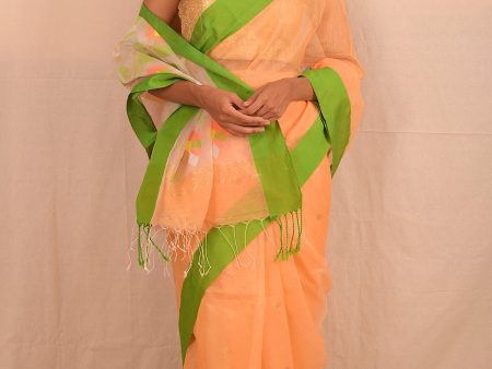 Handwoven Peach Green Muslin Jamdani Saree For Discount