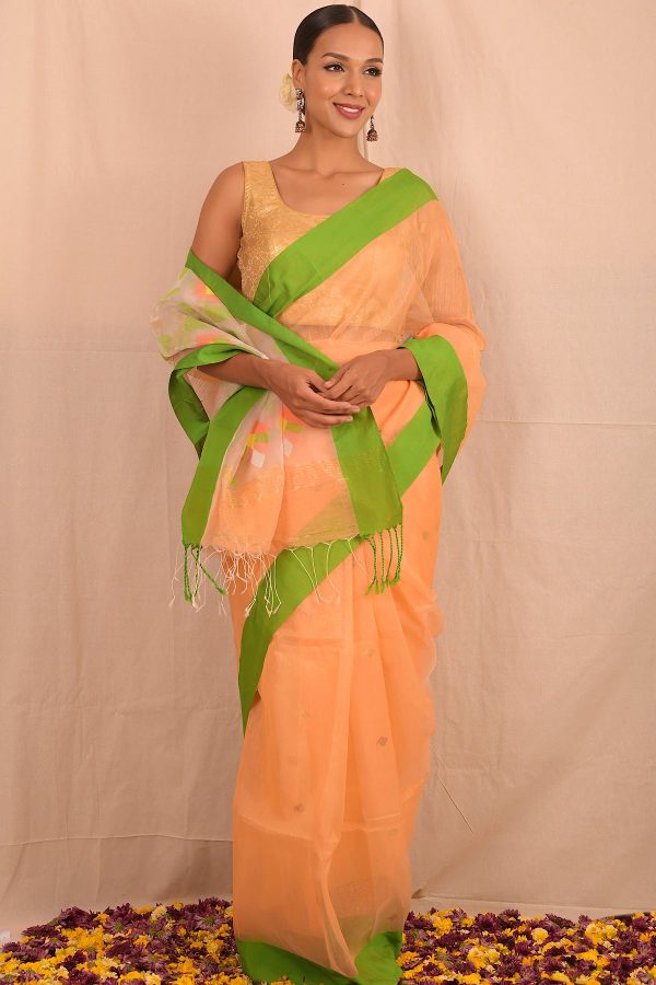 Handwoven Peach Green Muslin Jamdani Saree For Discount