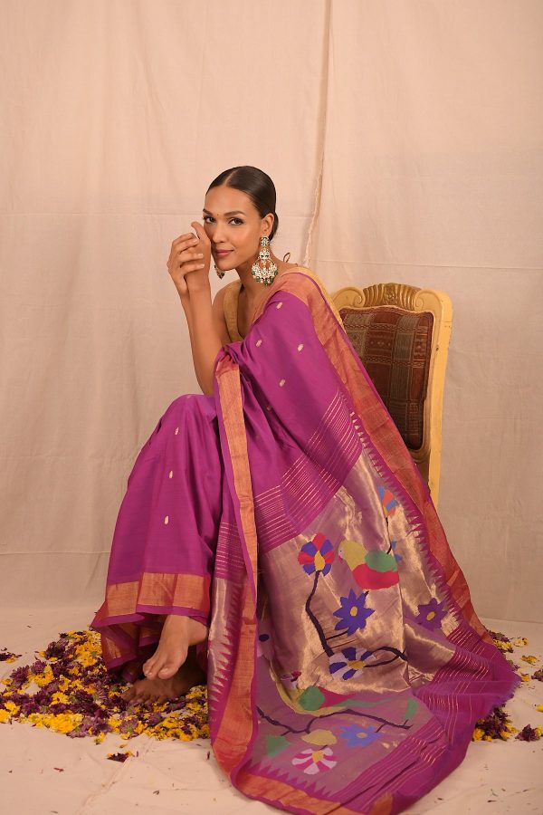 Handwoven Purple & Gold Paithani Saree With Floral Motifs Hot on Sale