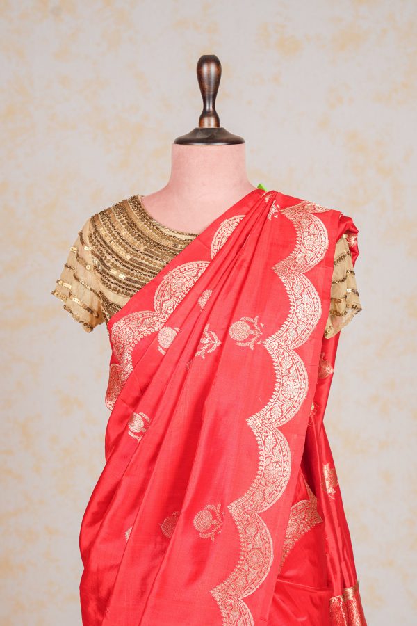 Handloom Kadhua Banarasi Katan Silk Saree - Scallop - Red For Cheap