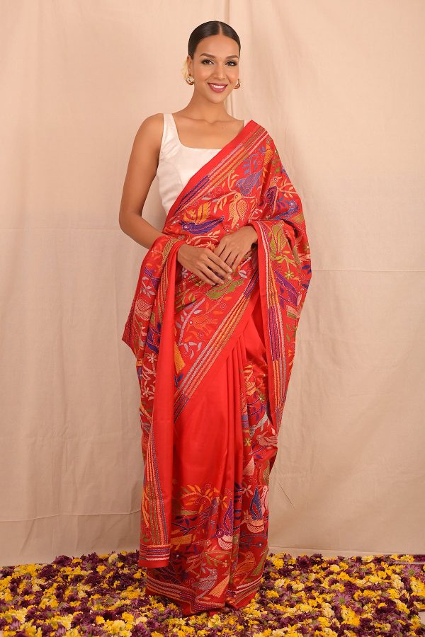 Handembroidered Kantha Silk Saree- Red Blue Animal Motif Sale