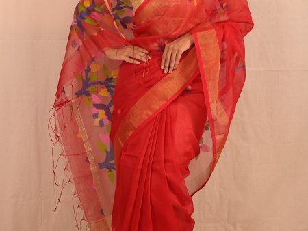 Handwoven Red Muslin Jamdani Saree Online