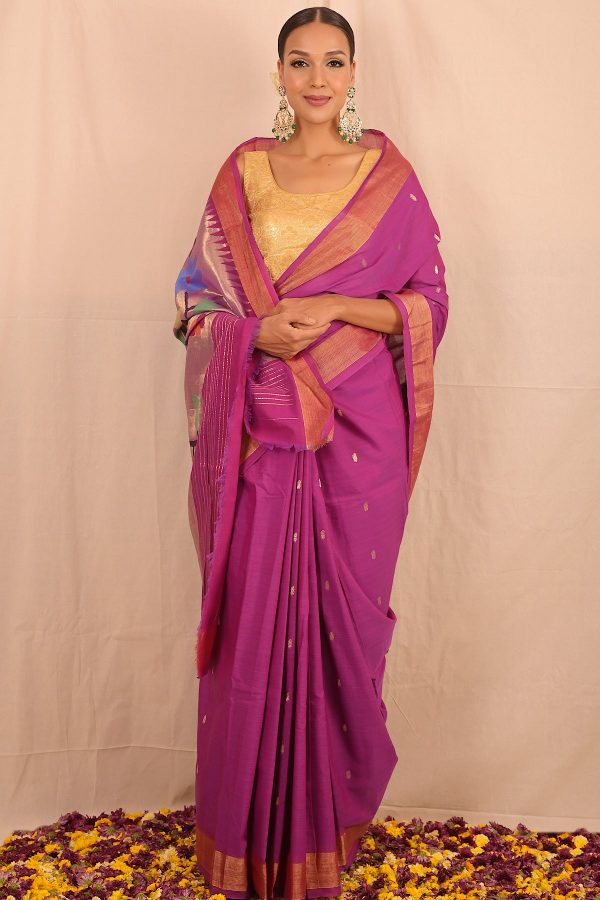 Handwoven Purple & Gold Paithani Saree With Floral Motifs Hot on Sale