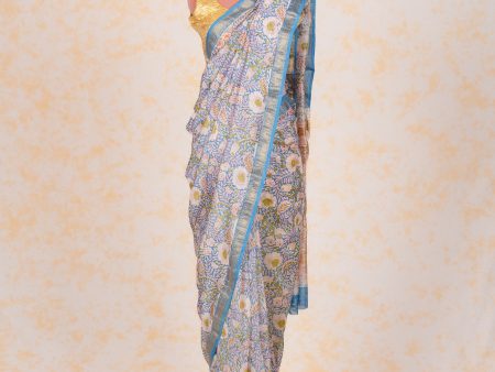 Cotton Hand Block Print Saree With Zari Border on Sale