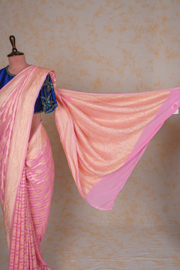 Handloom Georgette Banarasi Silk Saree - Striped - Pink For Discount