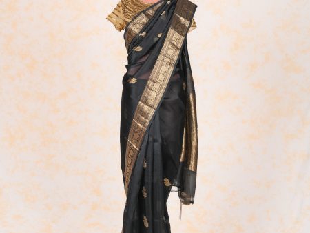 Handloom Kadhua Banarasi Kora Silk Saree - Butidar - Black on Sale