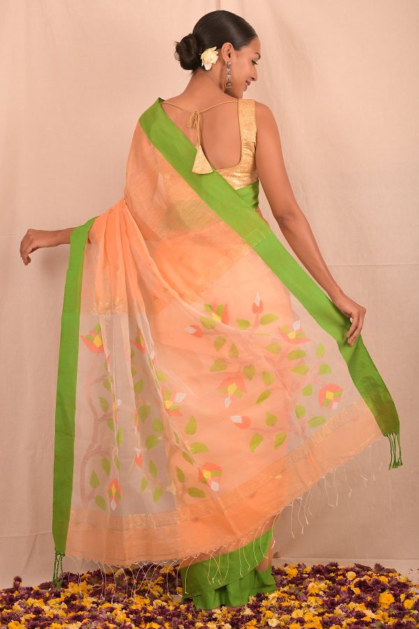 Handwoven Peach Green Muslin Jamdani Saree For Discount