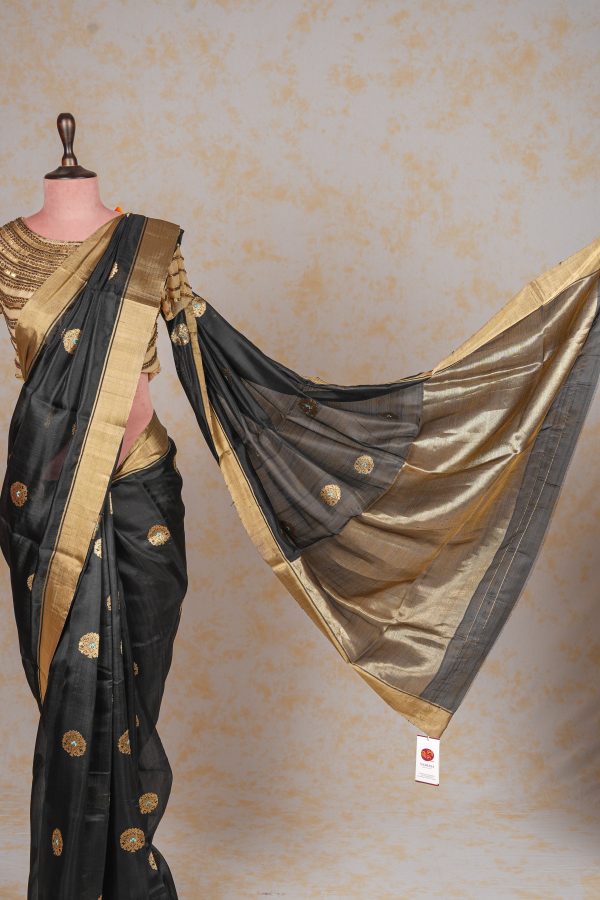 Handloom Cotton Silk Chanderi Saree Black Blue Gold Floral Buta For Discount