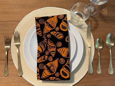 Batik Cloth Napkin Set of Four, Orange Black Seashell, Beach, Hand Dyed, 100% Cotton Sale