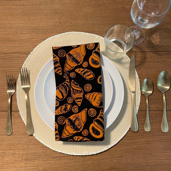 Batik Cloth Napkin Set of Four, Orange Black Seashell, Beach, Hand Dyed, 100% Cotton Sale