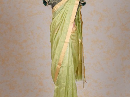 Handloom Cotton Silk Chanderi Saree Green Striped Buta Online now