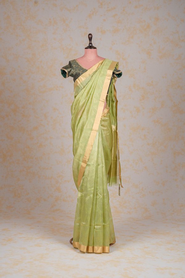 Handloom Cotton Silk Chanderi Saree Green Striped Buta Online now