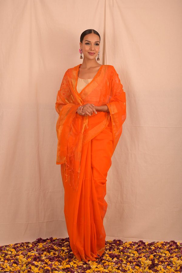 Handwoven Orange Muslin Jamdani Saree Cheap