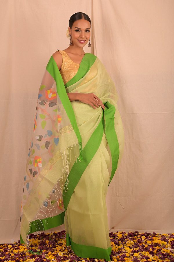 Handwoven Pastel Green Muslin Jamdani Saree Fashion