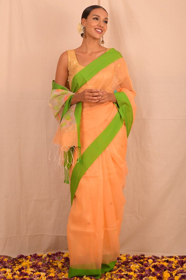 Handwoven Peach Green Muslin Jamdani Saree For Discount