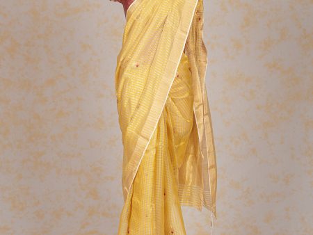 Handloom Chanderi Silk Saree Yellow Striped Floral Red Buta For Sale