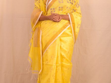 Lemon Yellow Jamdani Motif Saree Sale