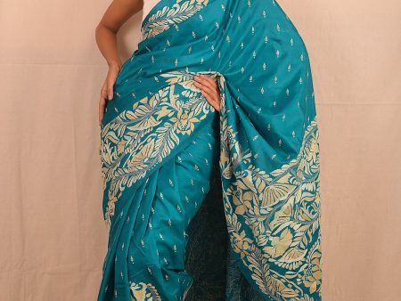 Handembroidered Kantha Silk Saree - Peacock Blue Online