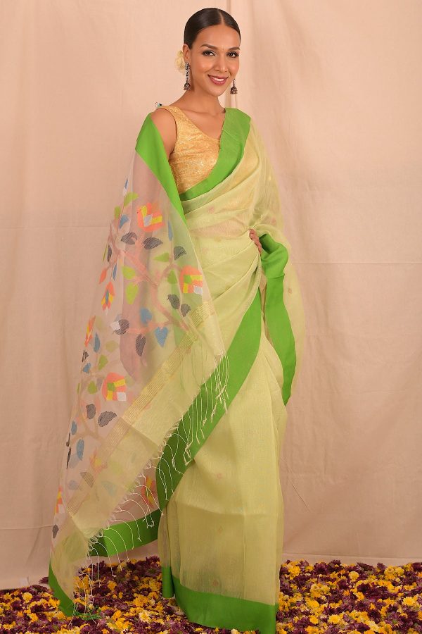 Handwoven Pastel Green Muslin Jamdani Saree Fashion