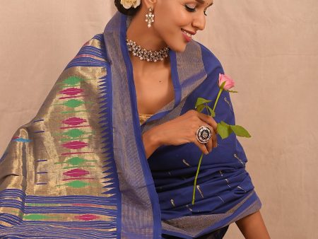 Handwoven Blue & Gold Paithani Saree With Classic Pallu Hot on Sale