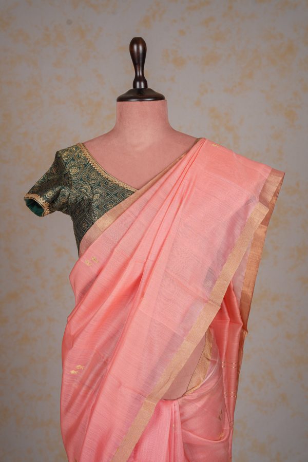 Handloom Chanderi Silk Saree Pastel Pink Gold Buta Online