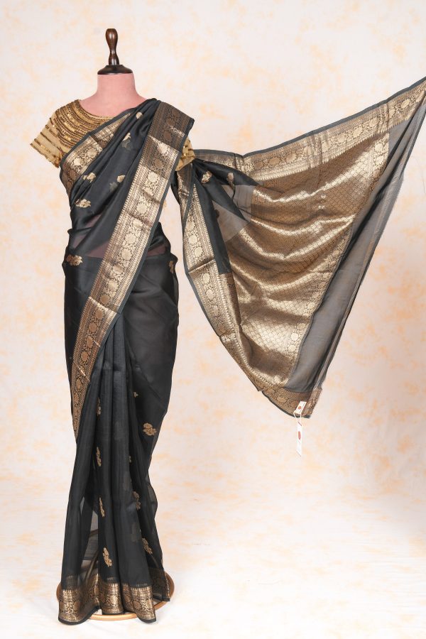 Handloom Kadhua Banarasi Kora Silk Saree - Butidar - Black on Sale