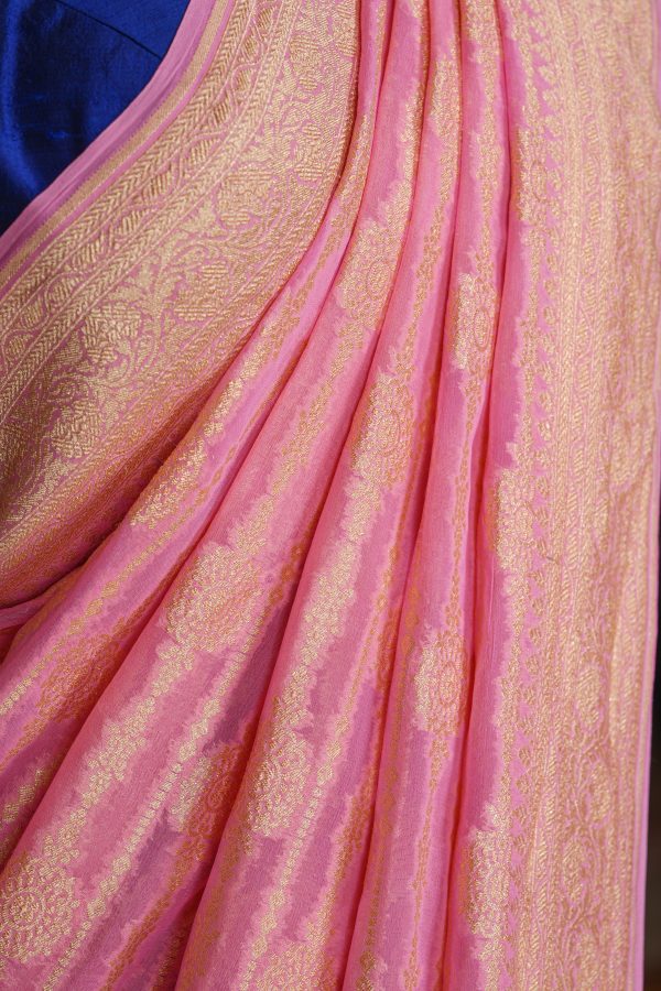 Handloom Georgette Banarasi Silk Saree - Striped - Pink For Discount