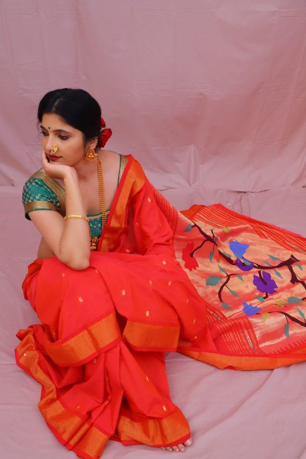 Handwoven Tomato Red & Gold Paithani Saree With Peacock Motifs For Discount