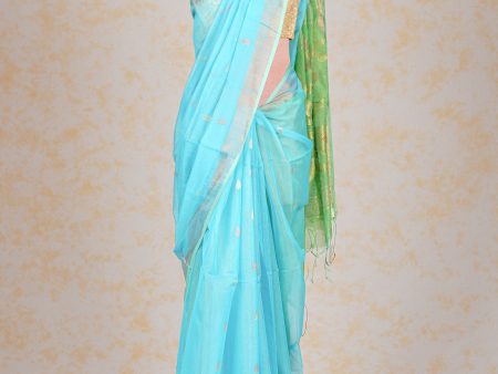 Handwoven Blue Green Muslin Jamdani Saree Hot on Sale