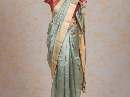 Handloom Cotton Silk Chanderi Saree Powder Blue Red Floral Buta Sale