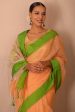 Handwoven Peach Green Muslin Jamdani Saree For Discount