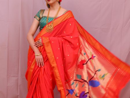 Handwoven Tomato Red & Gold Paithani Saree With Peacock Motifs For Discount