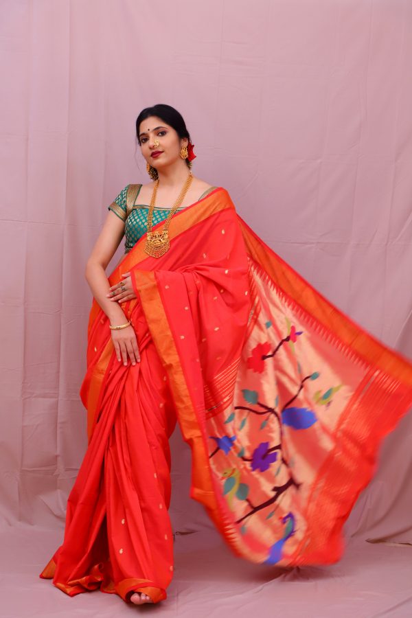 Handwoven Tomato Red & Gold Paithani Saree With Peacock Motifs For Discount