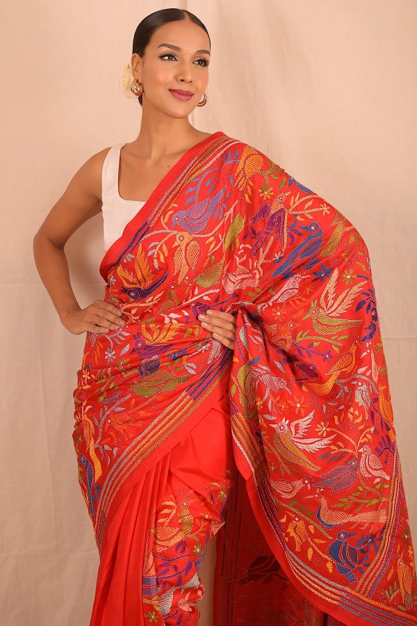 Handembroidered Kantha Silk Saree- Red Blue Animal Motif Sale