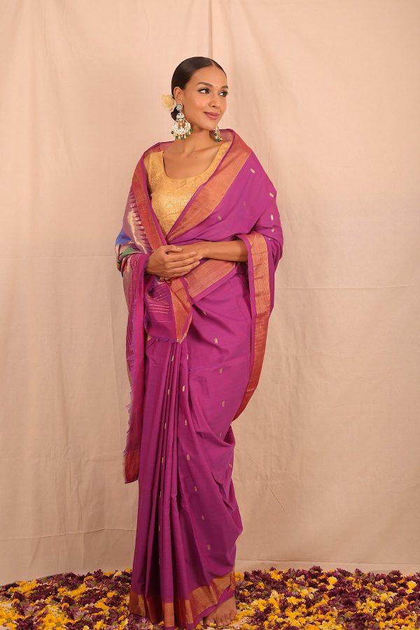 Handwoven Purple & Gold Paithani Saree With Floral Motifs Hot on Sale