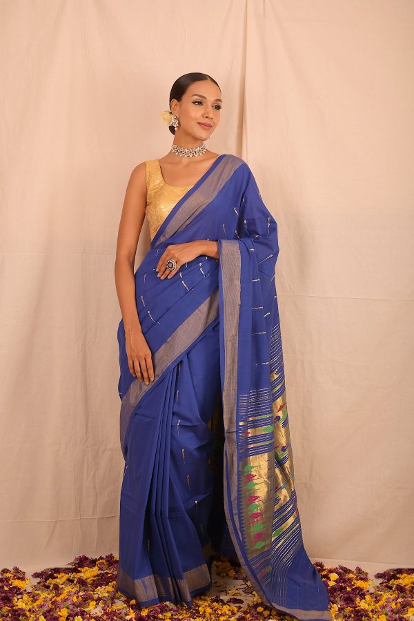 Handwoven Blue & Gold Paithani Saree With Classic Pallu Hot on Sale