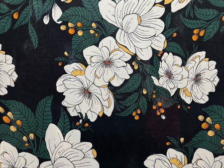 Camellia Flower Print Linen Rayon: Green   Gold Online now