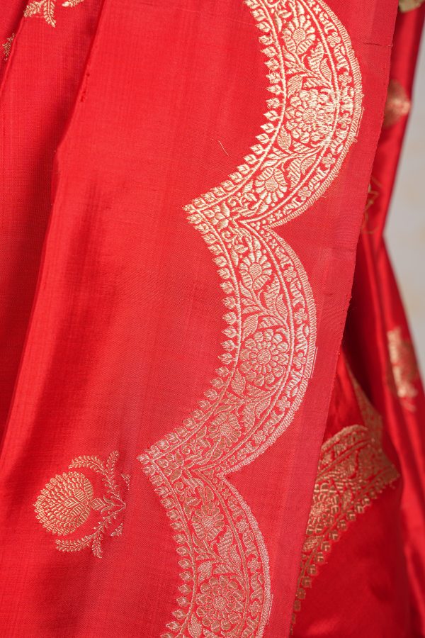 Handloom Kadhua Banarasi Katan Silk Saree - Scallop - Red For Cheap