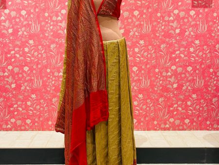 Handloom Georgette Banarasi Silk Saree - Striped - Beige Red Cheap