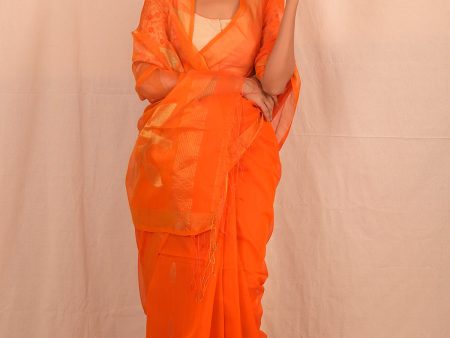 Handwoven Orange Muslin Jamdani Saree Cheap