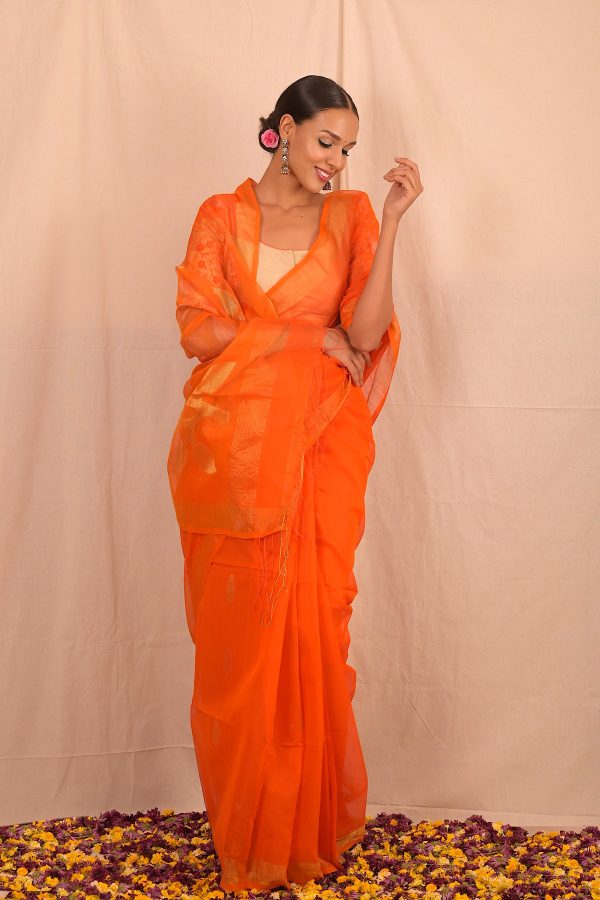 Handwoven Orange Muslin Jamdani Saree Cheap