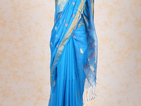 Handwoven Muslin Jamdani Saree Blue Rose Gold Fashion