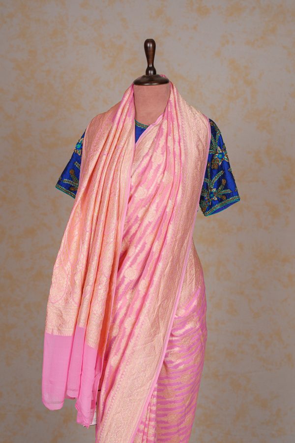 Handloom Georgette Banarasi Silk Saree - Striped - Pink For Discount