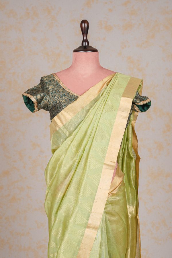 Handloom Cotton Silk Chanderi Saree Green Striped Buta Online now