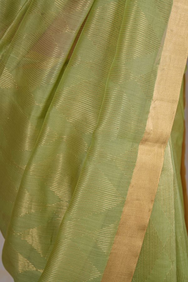 Handloom Cotton Silk Chanderi Saree Green Striped Buta Online now