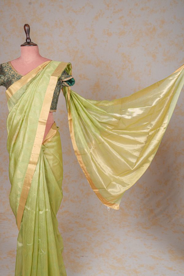 Handloom Cotton Silk Chanderi Saree Green Striped Buta Online now