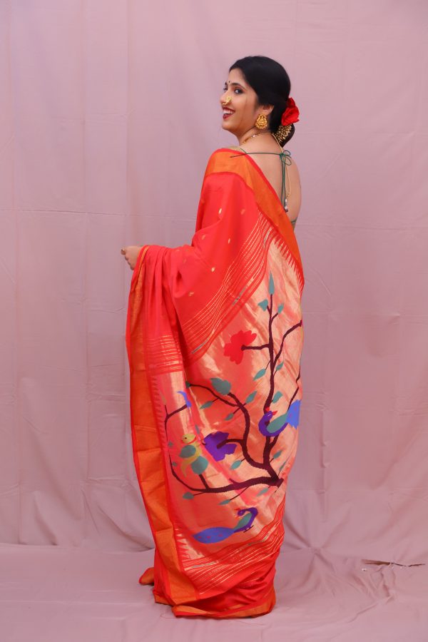 Handwoven Tomato Red & Gold Paithani Saree With Peacock Motifs For Discount