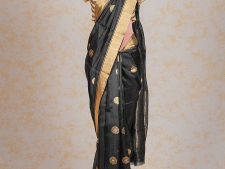 Handloom Cotton Silk Chanderi Saree Black Blue Gold Floral Buta For Discount